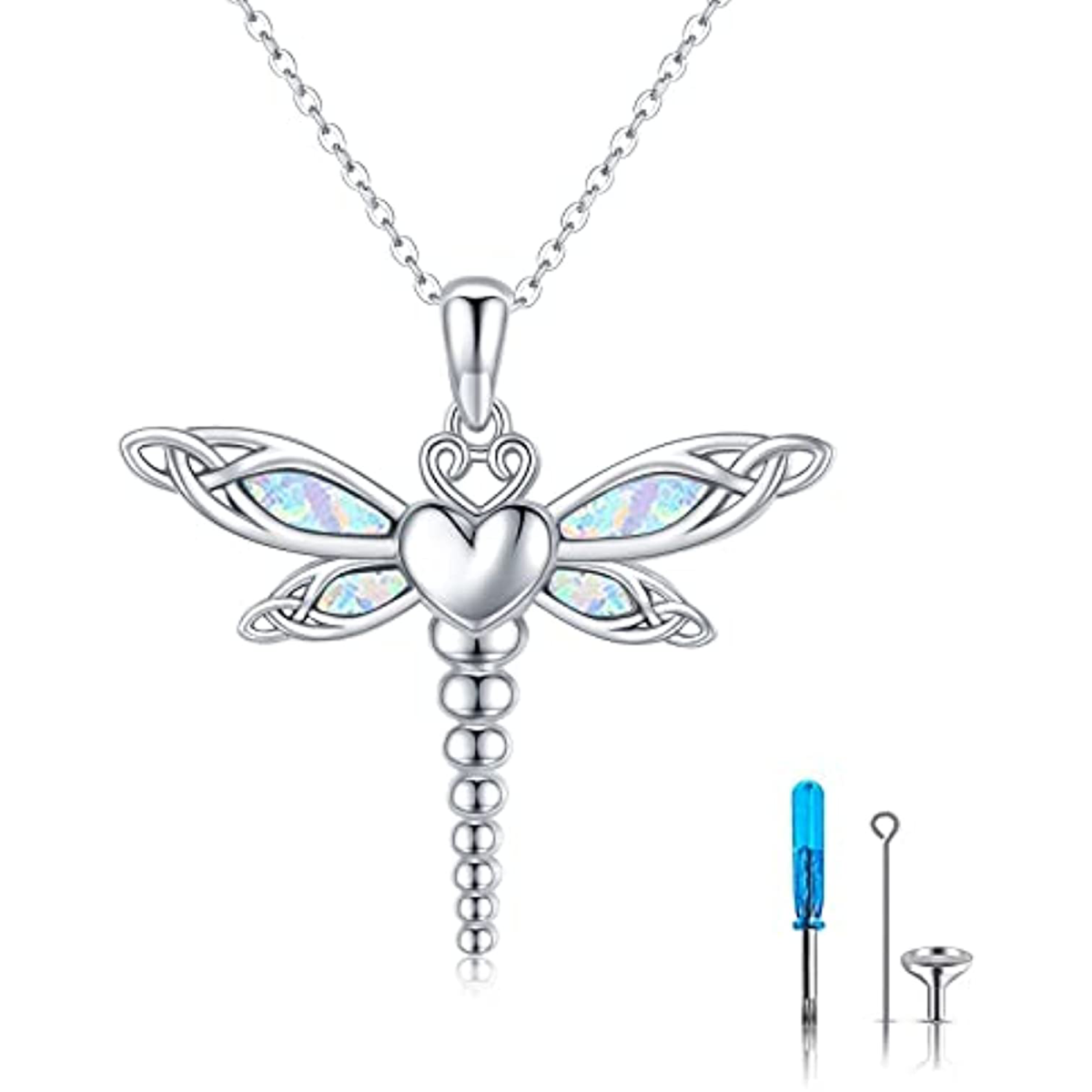 Sterling Silver Opal Dragonfly & Celtic Knot & Heart Urn Necklace for Ashes-1