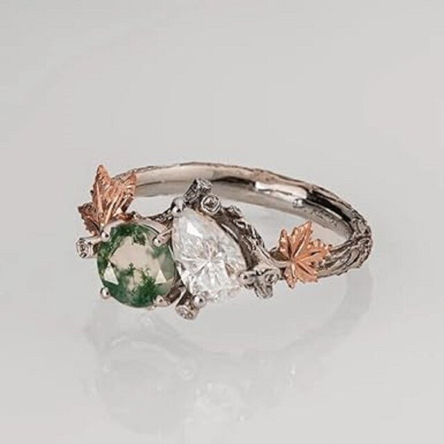 Sterling Silver with Rose Gold Plated Moss Agate Maple Leaf Engagement Ring-2