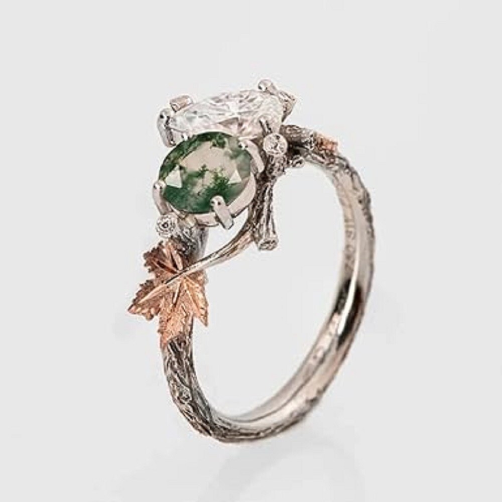 Sterling Silver with Rose Gold Plated Moss Agate Maple Leaf Engagement Ring-4