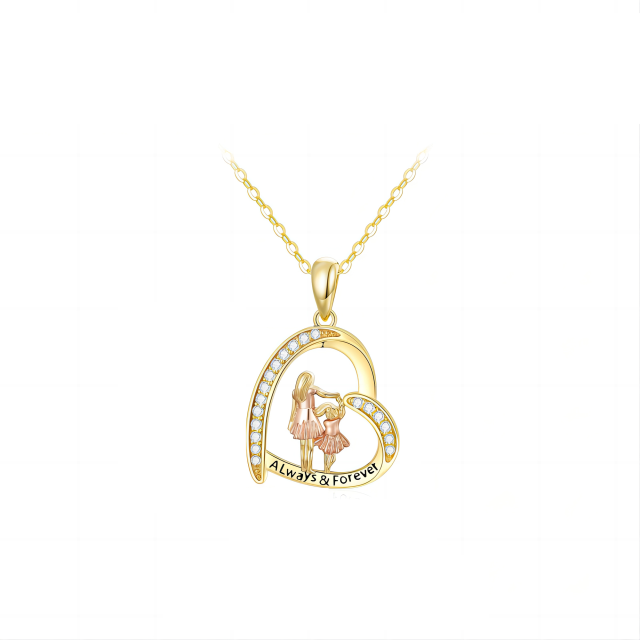 Colar com pingente de coração de mãe e filha em ouro 14K e ouro rosa com zircónias cúbicas-0