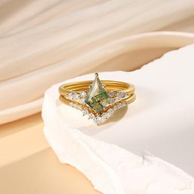 Sterling Silver with Yellow Gold Plated Moss Agate Engagement Ring-3