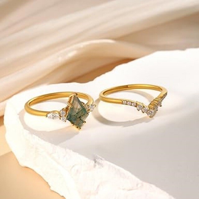 Sterling Silver with Yellow Gold Plated Moss Agate Engagement Ring-4