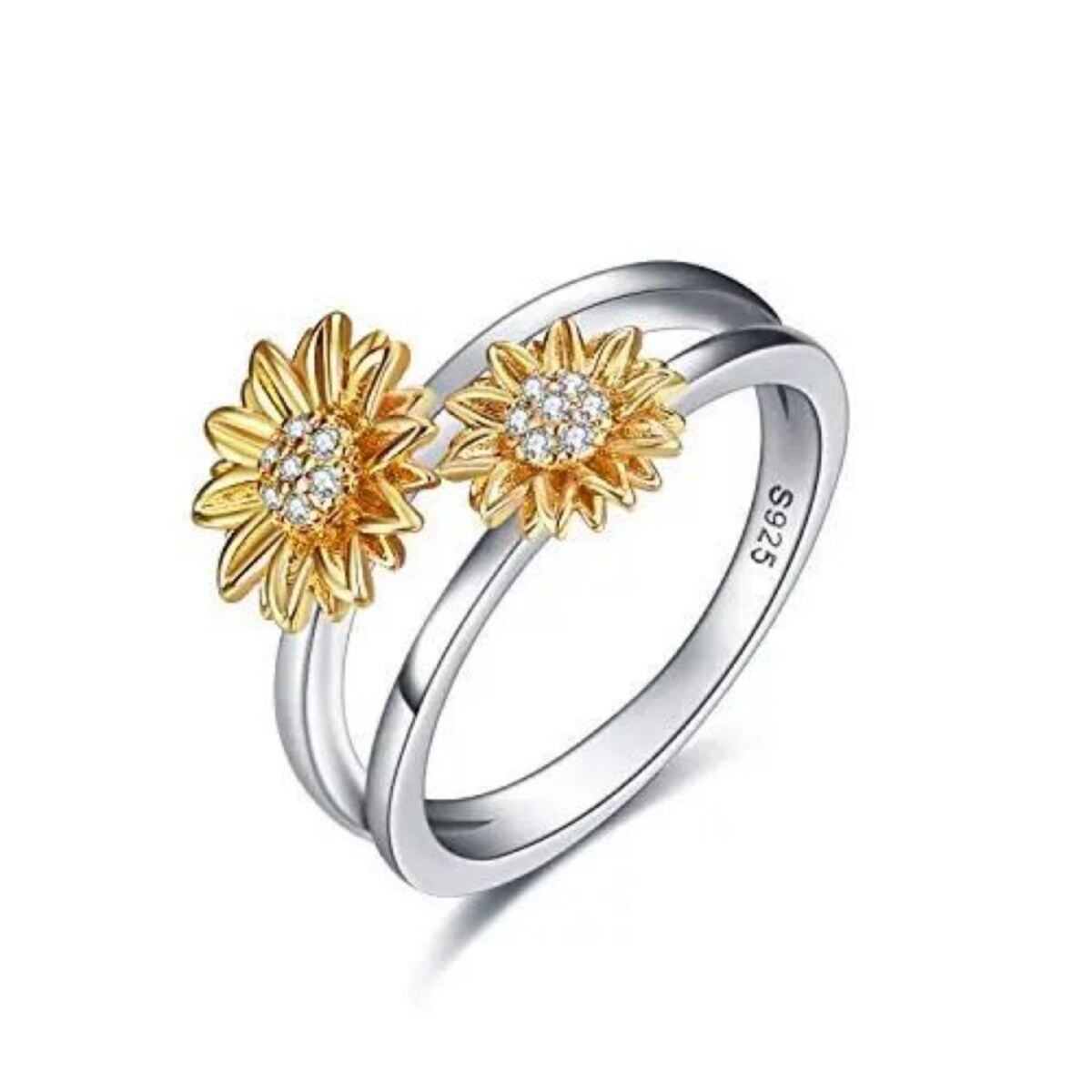 Sterling Silver Two-tone Circular Shaped Cubic Zirconia Sunflower Ring-1