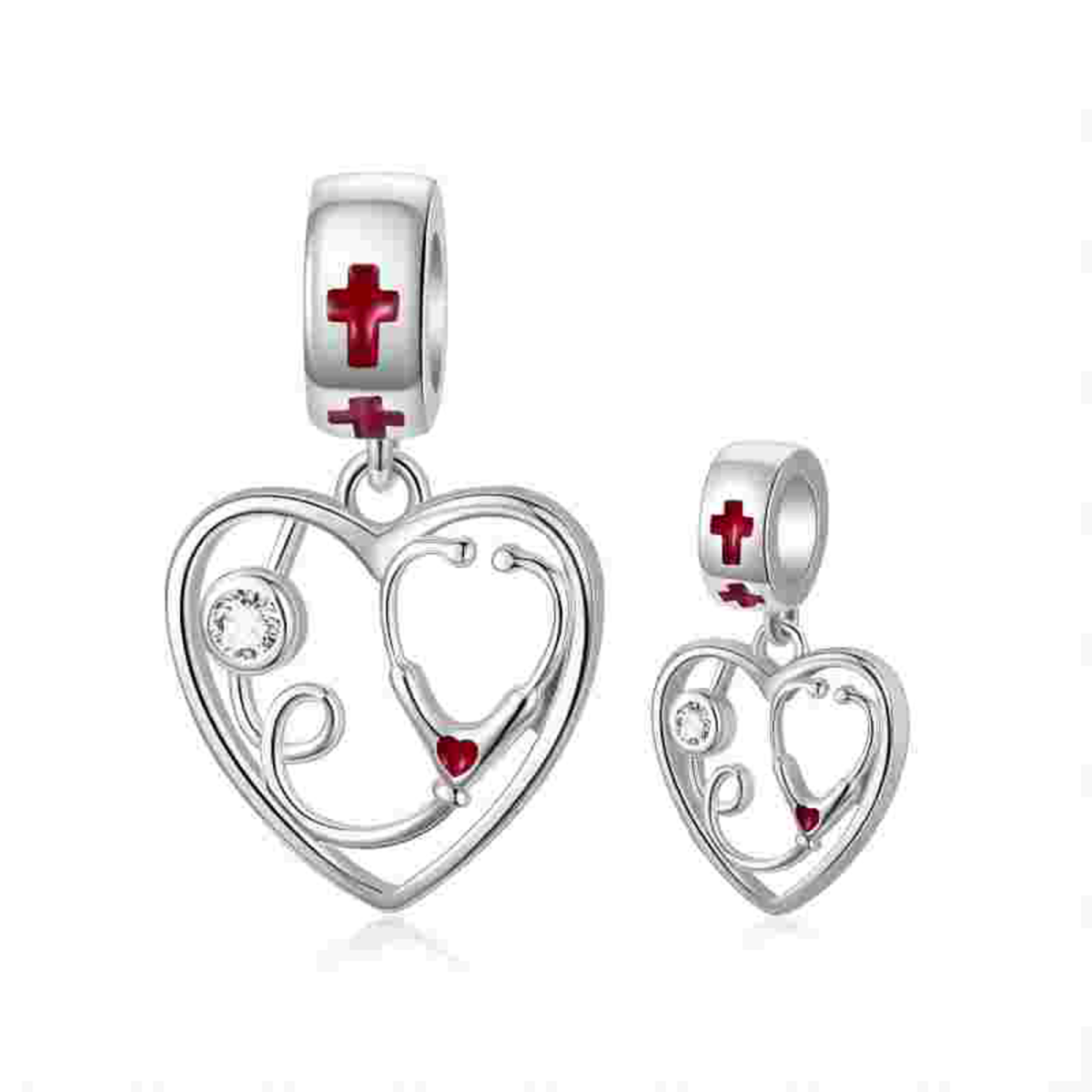 Sterling Silver Cubic Zirconia Heart & Stethoscope Dangle Charm-1