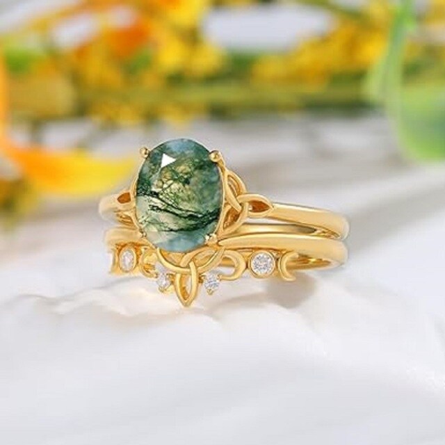 Sterling Silver with Rose Gold Plated Oval Shaped Moss Agate Personalized Engraving & Couple Engagement Ring-2