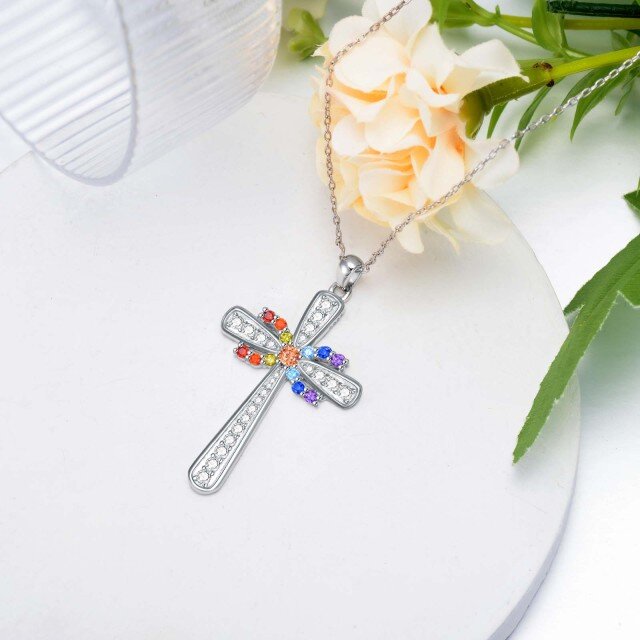Sterling Silver Round Cubic Zirconia Cross Pendant Necklace-3