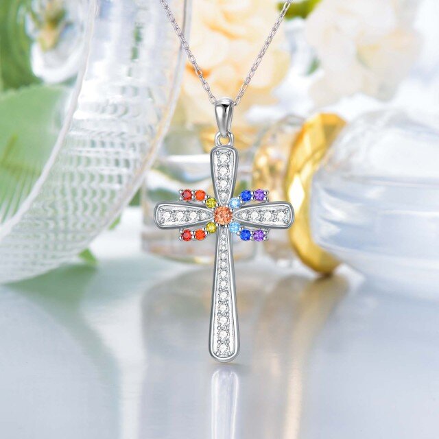 Sterling Silver Round Cubic Zirconia Cross Pendant Necklace-2