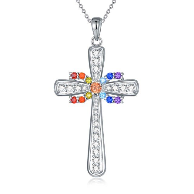 Sterling Silver Round Cubic Zirconia Cross Pendant Necklace-0