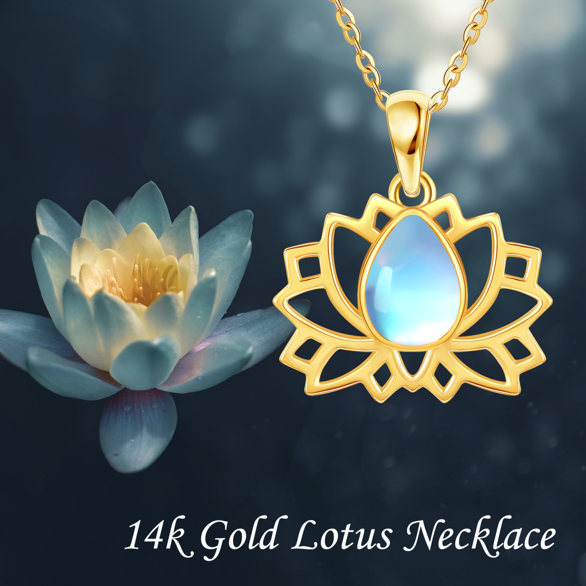 14K Gold Pear Shaped Moonstone Lotus Pendant Necklace-6