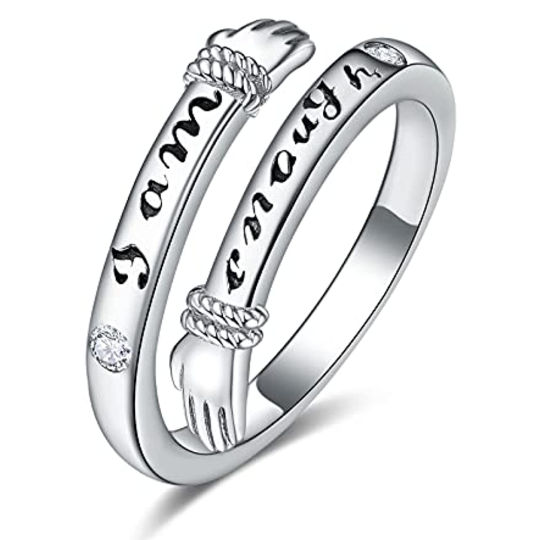 Sterling Silver Circular Shaped Cubic Zirconia Hug Open Ring with Engraved Word