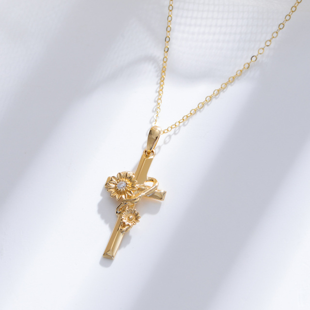 14K Gold Cubic Zirconia Sunflower Cross Pendant Necklace-3