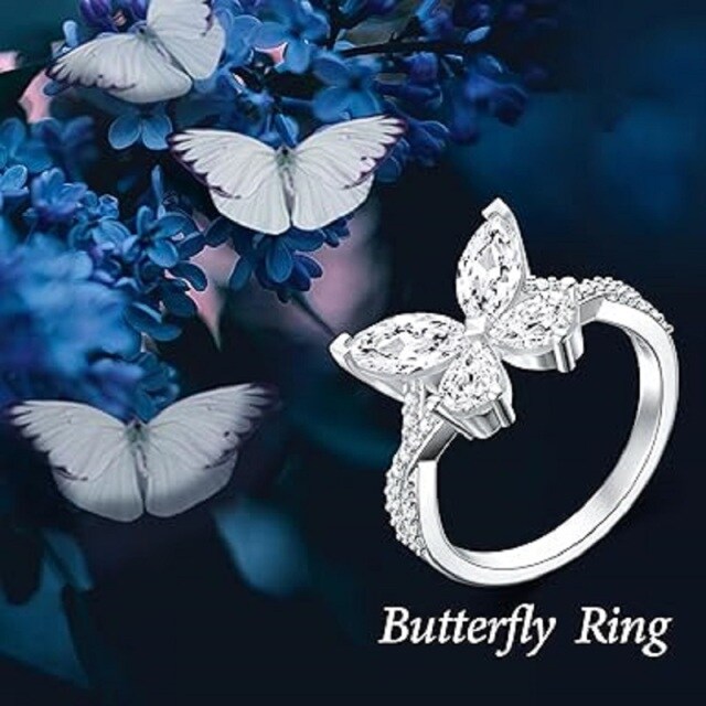 Sterling Silver Zircon Butterfly Ring-2