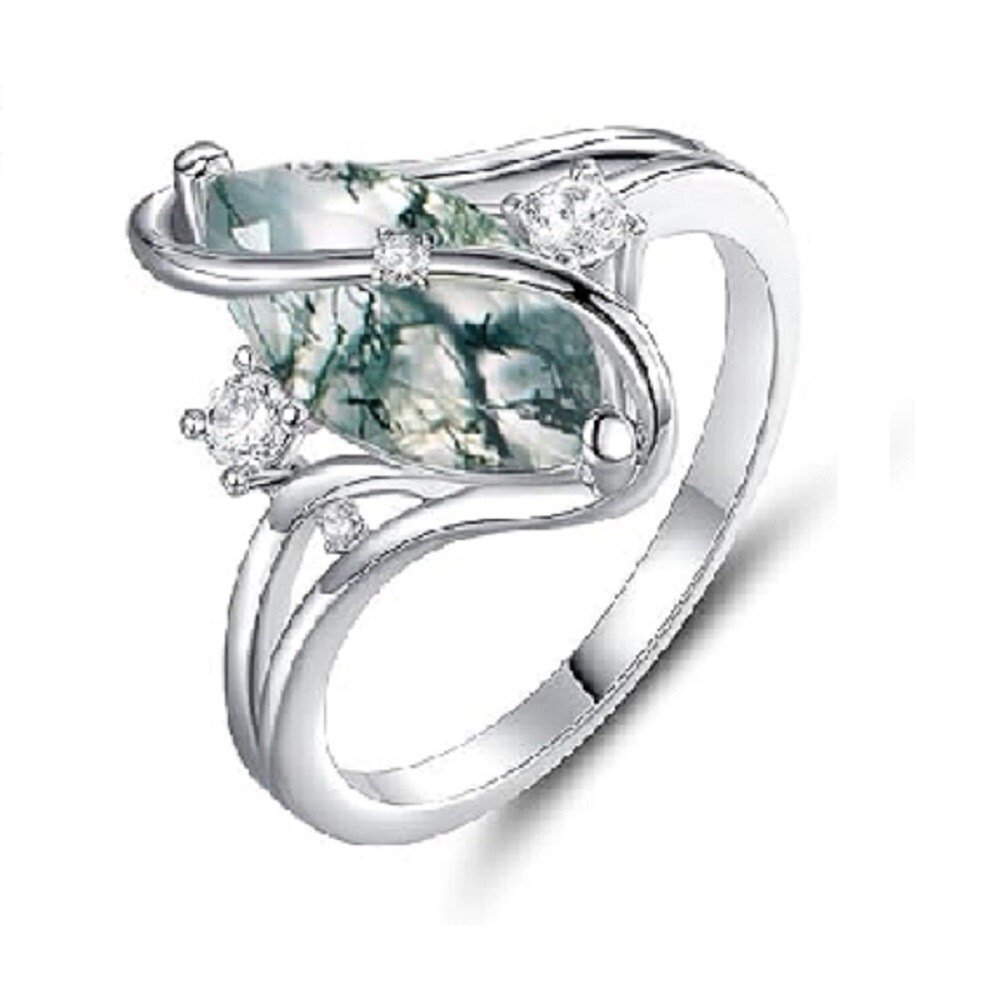 Sterling Silver Moss Agate Oval Shaped Engagement Ring-1