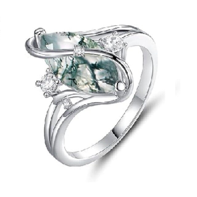 Sterling Silver Moss Agate Oval Shaped Engagement Ring-0