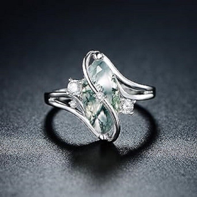 Anel de noivado de prata esterlina com pedra verde musgo ágata personalizado para mulheres-2