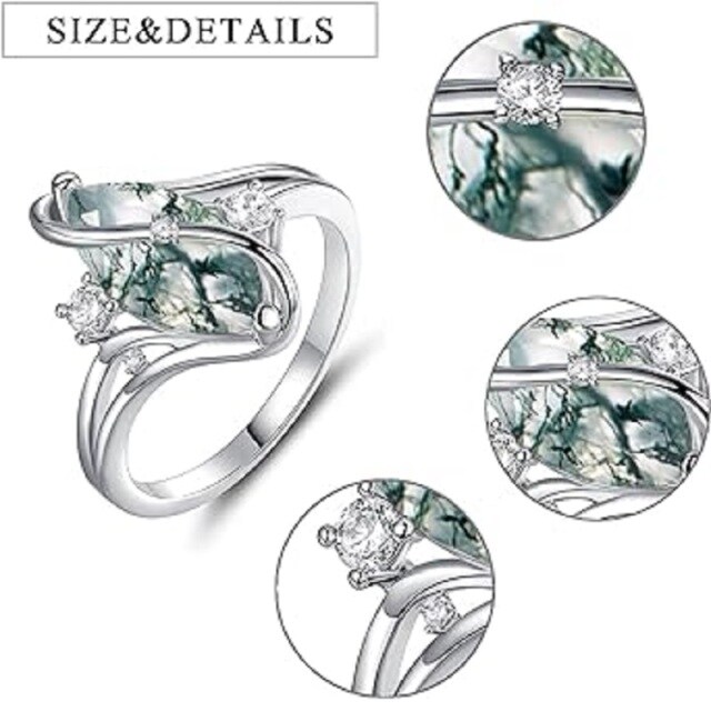 Anel de noivado de prata esterlina com pedra verde musgo ágata personalizado para mulheres-4