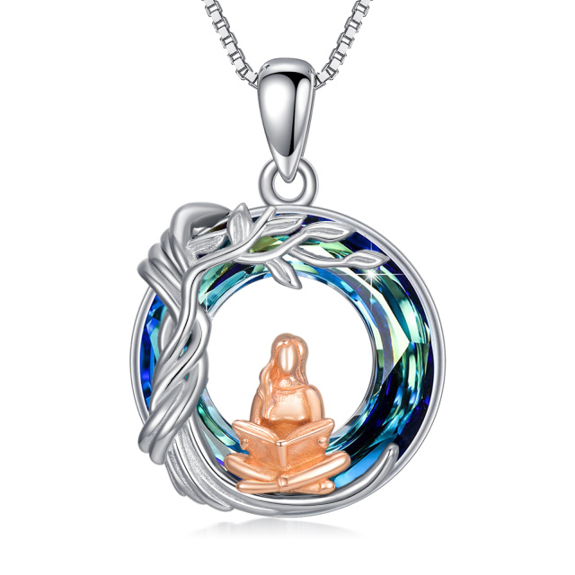 Sterling Silver Two-tone Circular Shaped Tree Of Life & Reading Girl Crystal Pendant Necklace-0