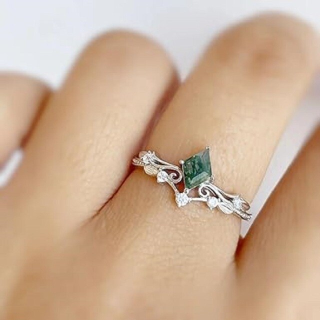 Sterling Silver Diamond Shape Moss Agate Engagement Ring-1