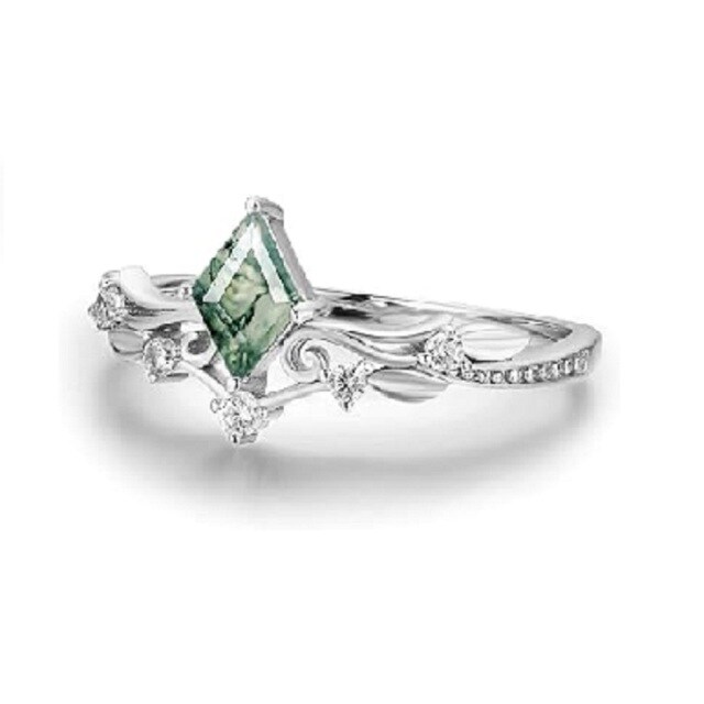 Bague de fiançailles en argent sterling en forme de diamant en agate mousse-2