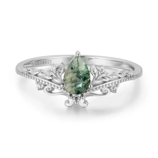 Sterling Silver with Rose Gold Plated Pear Shaped Moss Agate Leaves & Drop Shape Engagement Ring