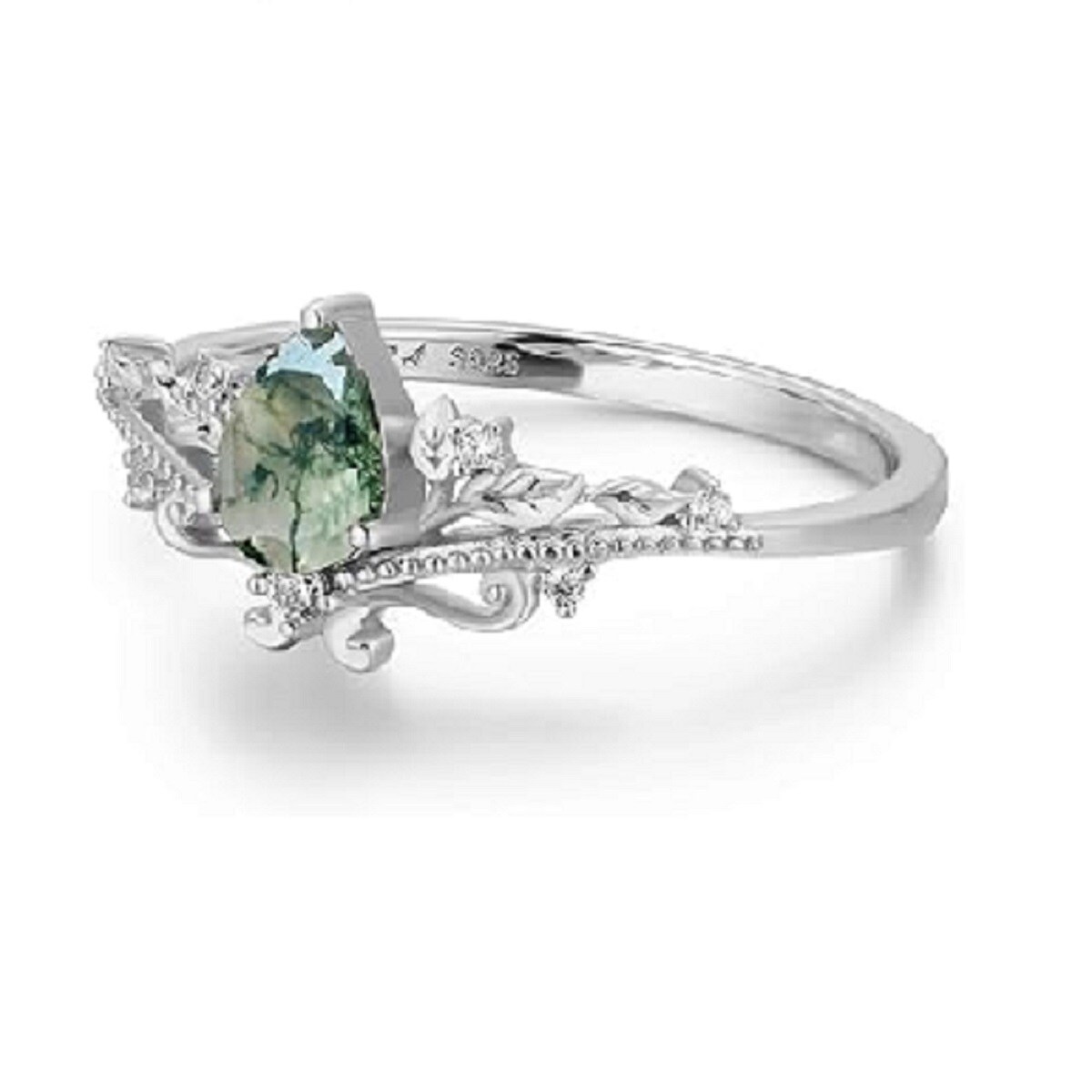 Sterling Silver with Rose Gold Plated Pear Shaped Moss Agate Leaves & Drop Shape Engagement Ring-4