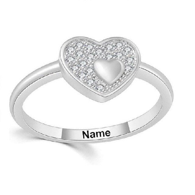 10K White Gold Lab Created Diamond Personalized Engraving & Heart Engagement Ring with Engraved Word-1