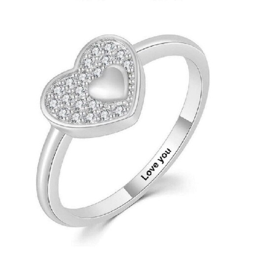 Anello di fidanzamento in oro bianco 10K con diamante creato in laboratorio, incisione e cuore personalizzati con parola incisa