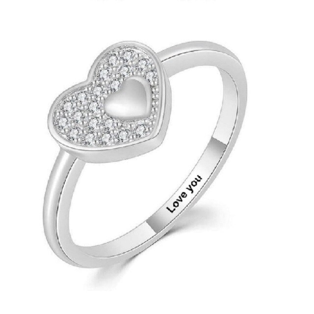 10K White Gold Lab Created Diamond Personalized Engraving & Heart Engagement Ring with Engraved Word-0