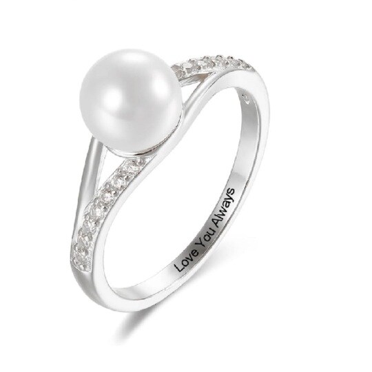 10K White Gold Pearl Personalized Engraving Engagement Ring