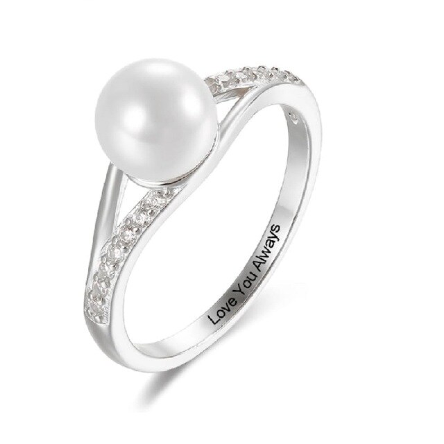 10K White Gold Pearl Personalized Engraving Engagement Ring-0