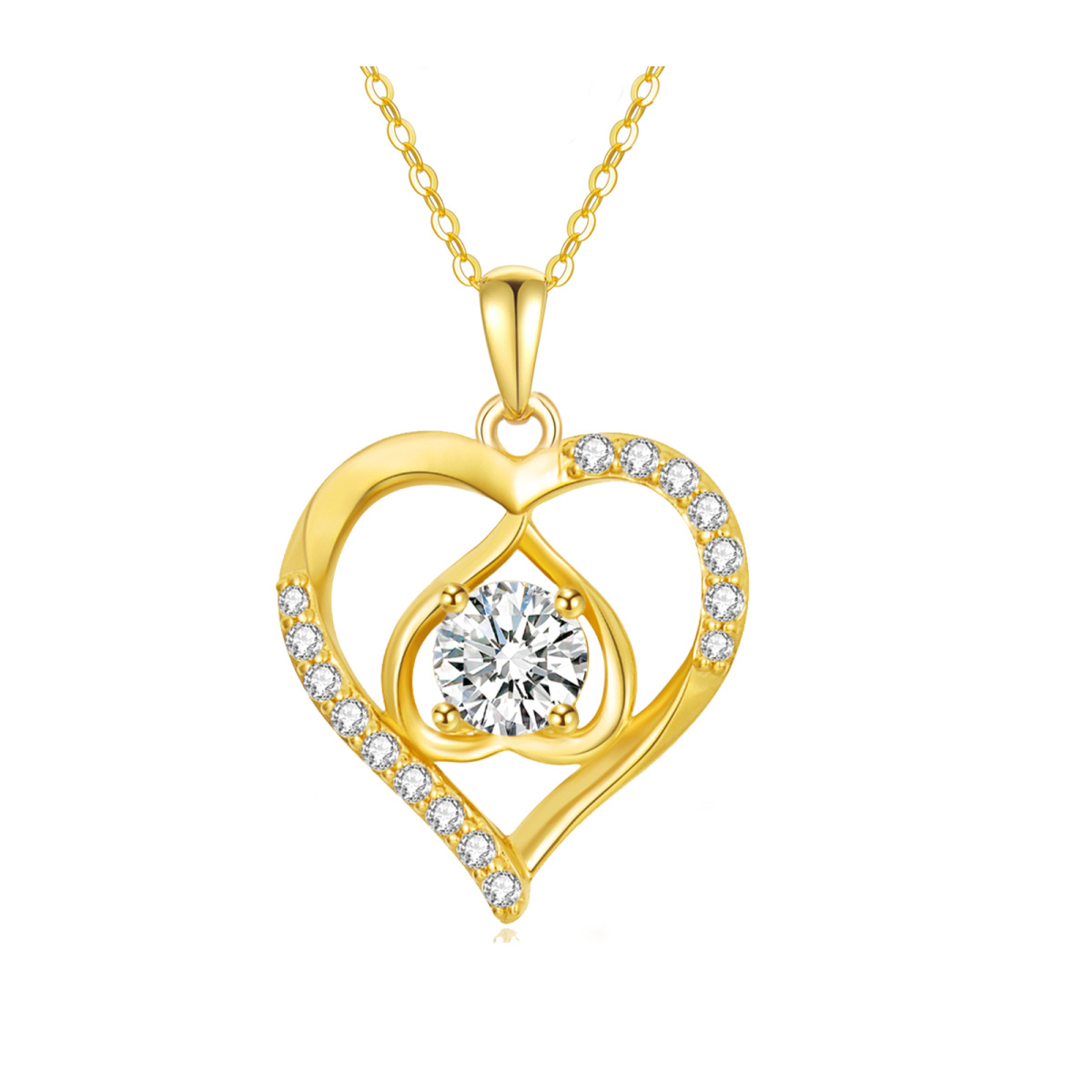 14K Gold Round Moissanite Heart Pendant Necklace-1