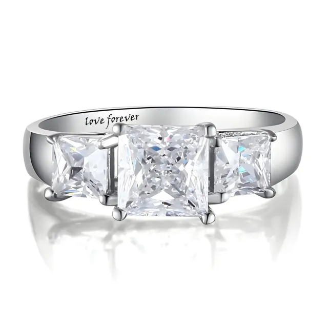 9K White Gold Princess-square Shaped Moissanite Square Engagement Ring with Engraved Word-0