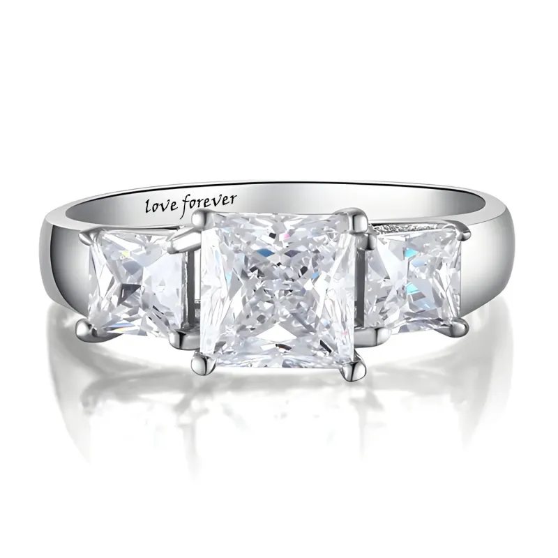 9K White Gold Princess-square Shaped Moissanite Square Engagement Ring with Engraved Word