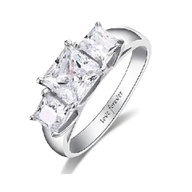 9K White Gold Princess-square Shaped Moissanite Square Engagement Ring with Engraved Word-2