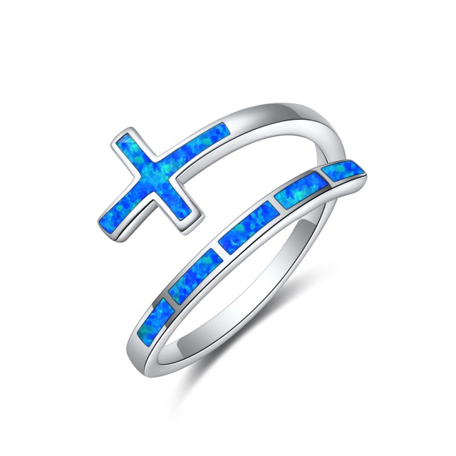 Sterling Silver Opal Cross Open Ring-0