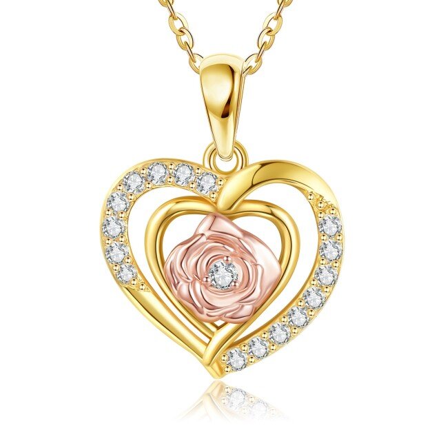 14K Gold & Rose Gold Circular Shaped Moissanite Rose & Heart Pendant Necklace-0