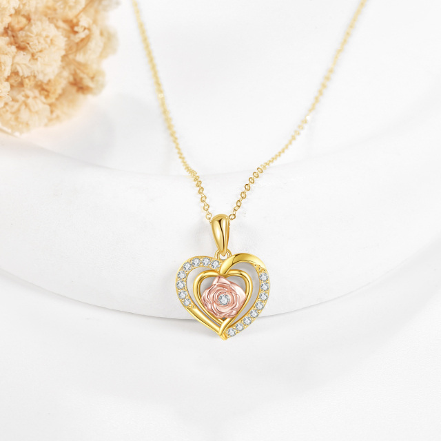 14K Gold & Rose Gold Circular Shaped Moissanite Rose & Heart Pendant Necklace-2