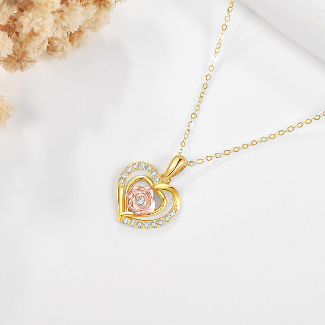 14K Gold & Rose Gold Circular Shaped Moissanite Rose & Heart Pendant Necklace-3