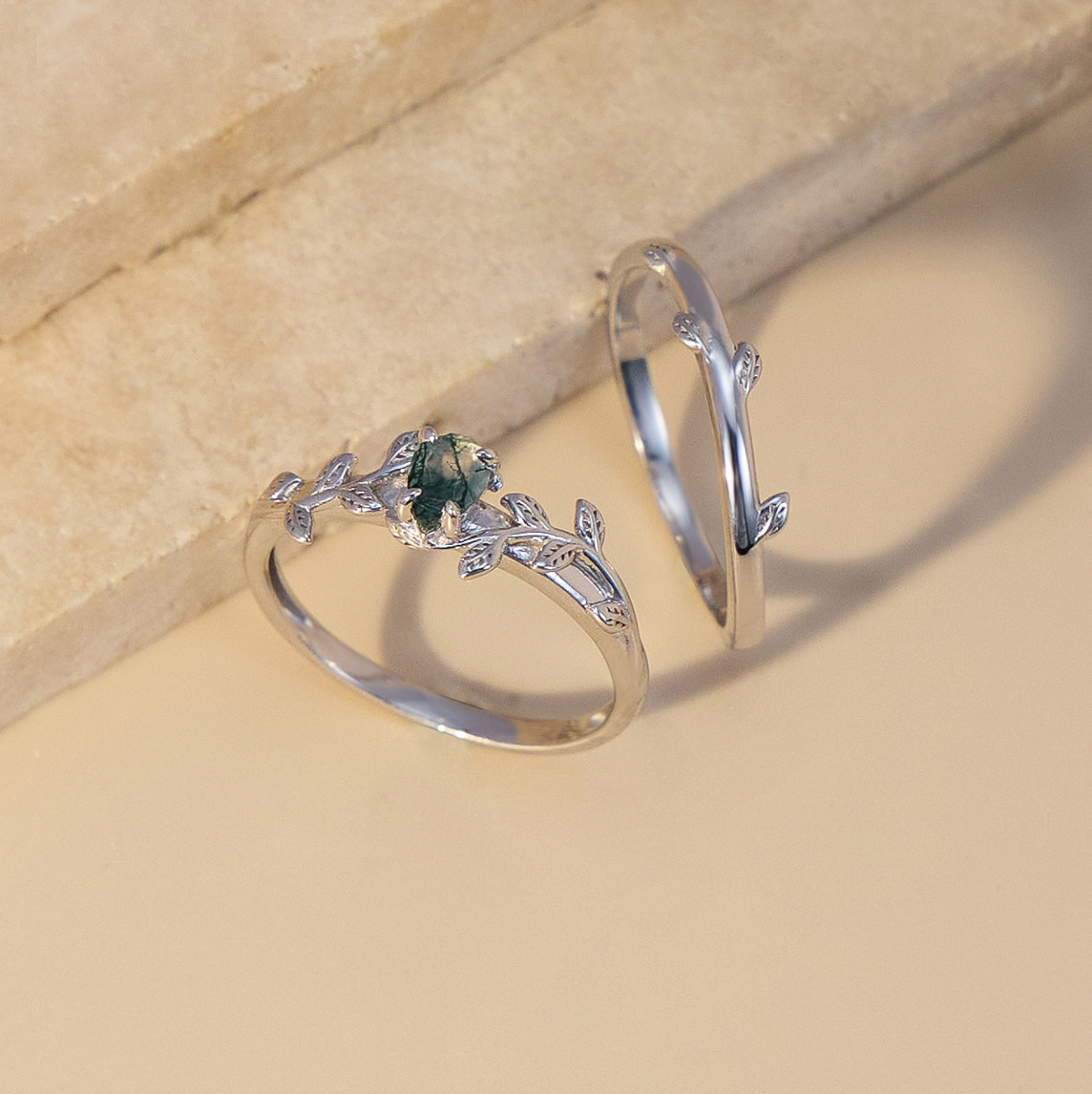 Sterling Silver Drop Shaped Moss Agate Ivy Engagement Ring-6