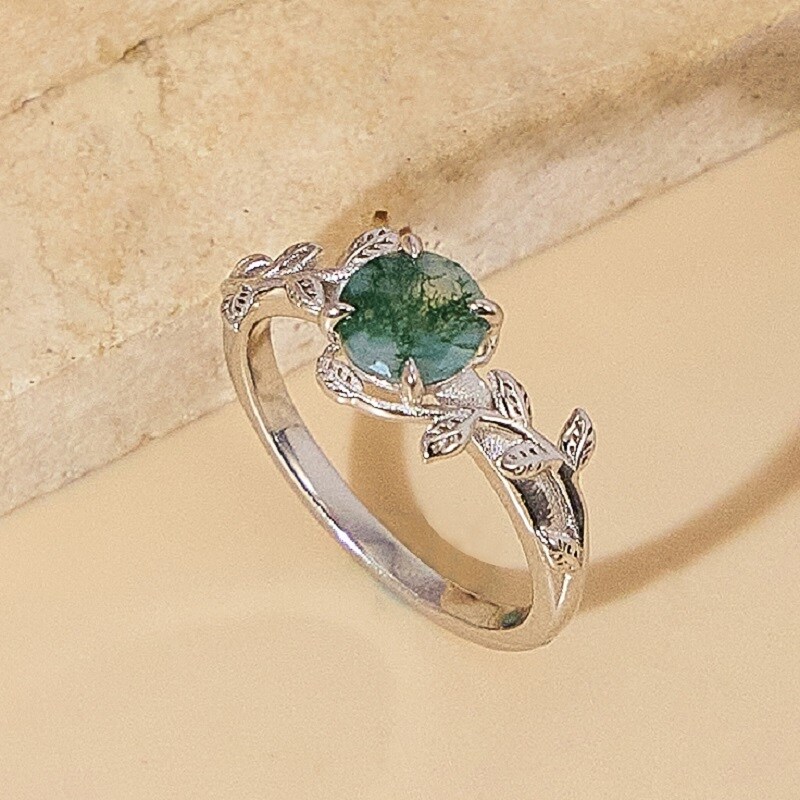 Pesonalized Moss Agate Ring Sterling Silver Green Promise Ring