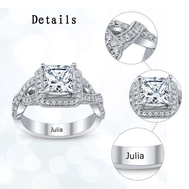 10K White Gold Princess-square Shaped Cubic Zirconia Personalized Birthstone & Square Engagement Ring-4