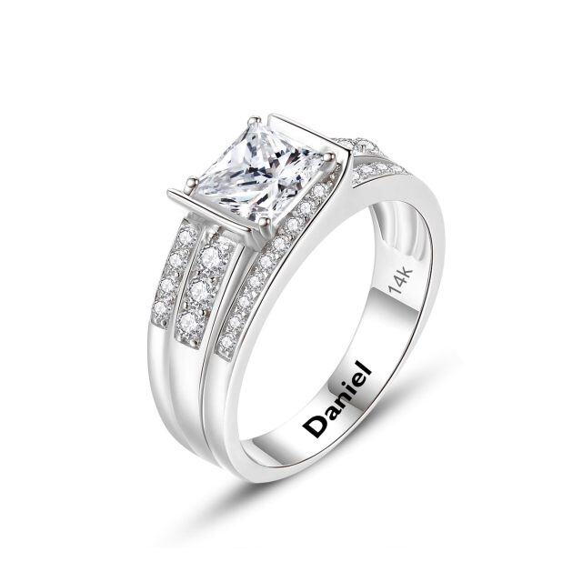 10K White Gold Princess-square Shaped Moissanite Personalized Engraving & Couple Engagement Ring for Men-0