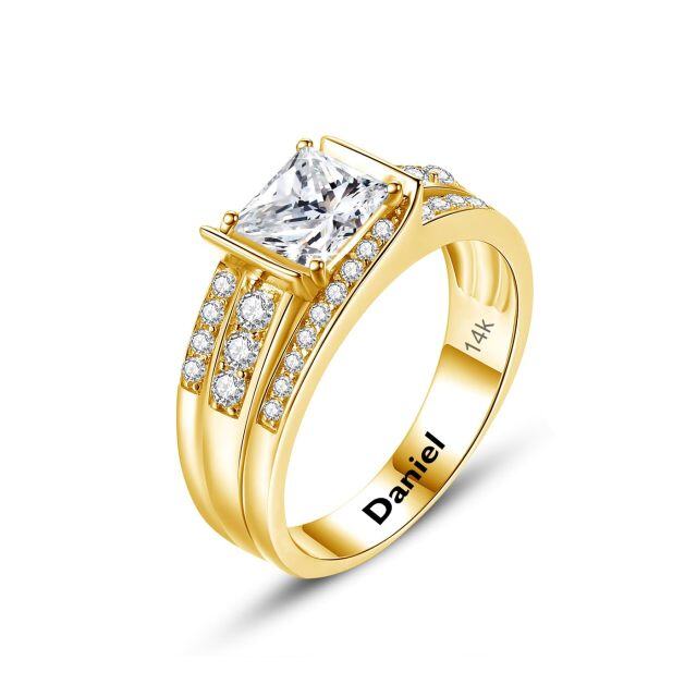 10K Weißgold Prinzessin-Quadrat geformt Moissanit personalisierte Gravur & Paar Verlobungs-2