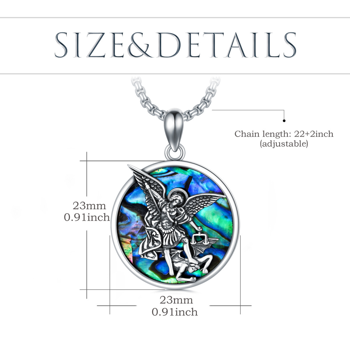 Sterling Silver Blue Abalone Shellfish Saint Michael Pendant Necklace-6