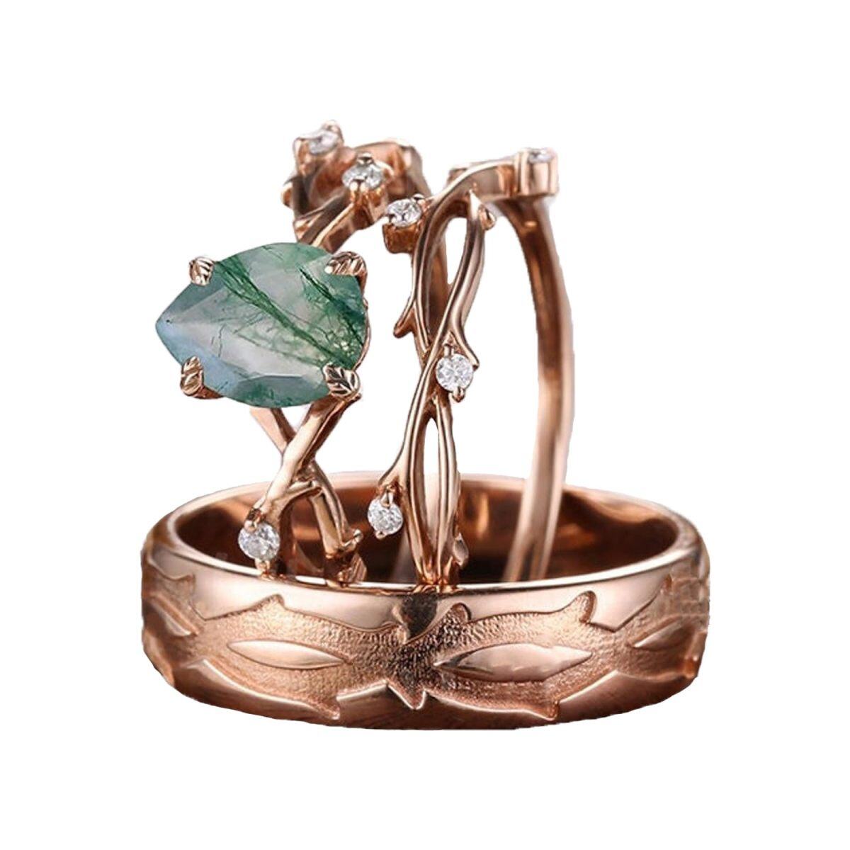 Sterling Silver with Rose Gold Plated Moss Agate Drop Shape Couple Rings-1