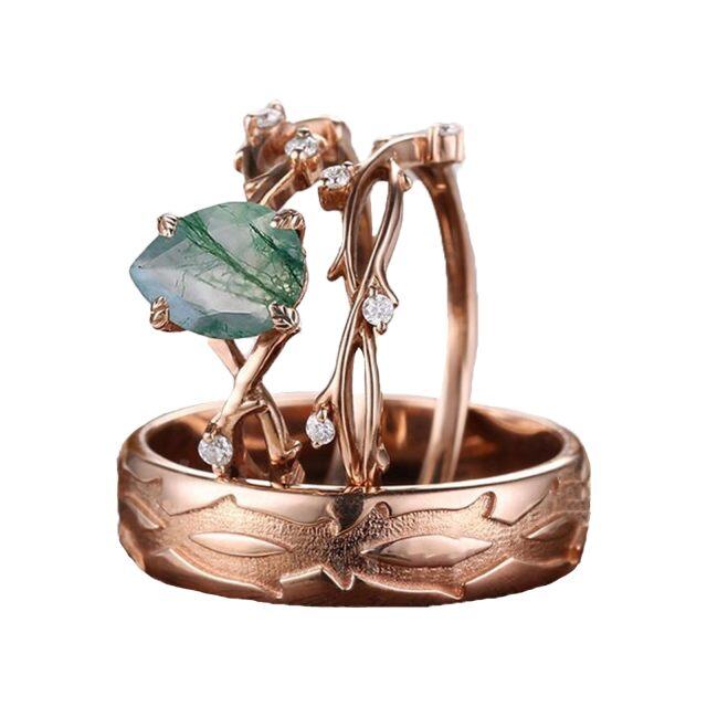 Sterling Silver with Rose Gold Plated Moss Agate Drop Shape Couple Rings-0