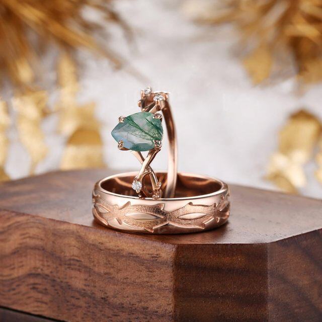 Anéis de casal em prata de lei com banho de ouro rosa em forma de gota de ágata musgo-3