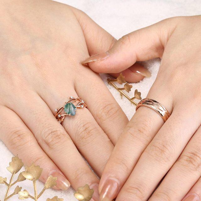 Sterling Silver with Rose Gold Plated Moss Agate Drop Shape Couple Rings-1