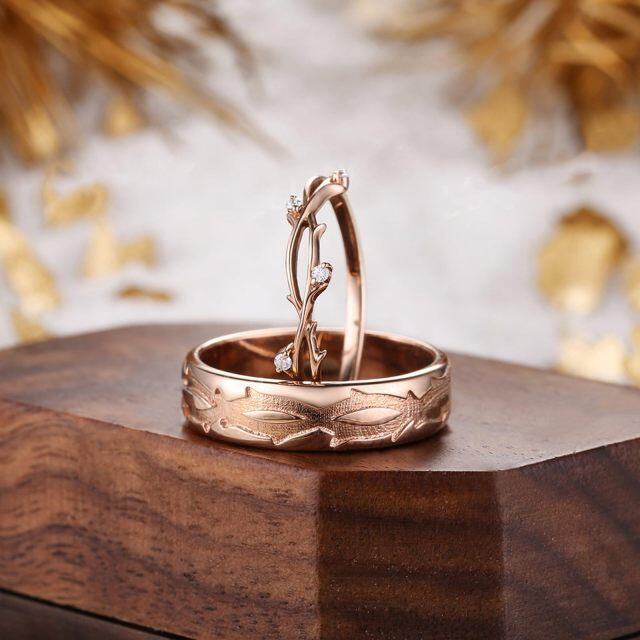 Anéis de casal em prata de lei com banho de ouro rosa em forma de gota de ágata musgo-4