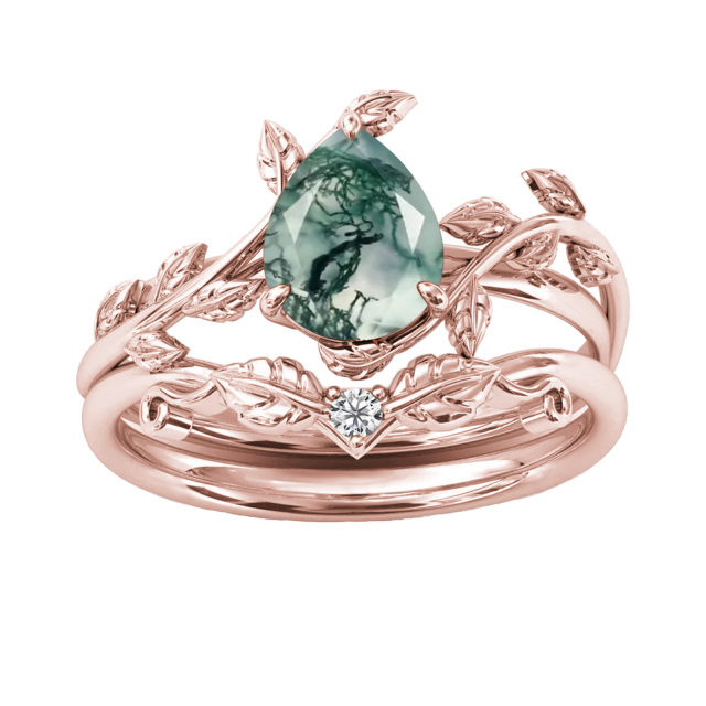 Sterling Silver with Rose Gold Plated Teardrop/Pear-shaped Moss Agate Ivy & Drop Shape Wedding Ring-0